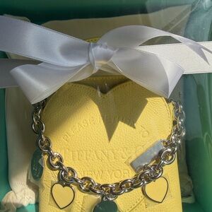 Tiffany & Co. Silver Heart Charm Bracelet with White Ribbon